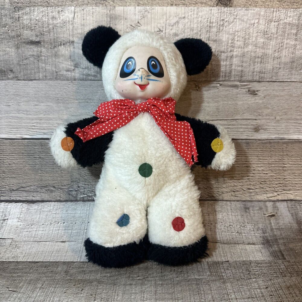 1978 Mattel Plush 11" Rubber Face Panda Bear Teddy Vintage with Squeaker Dots